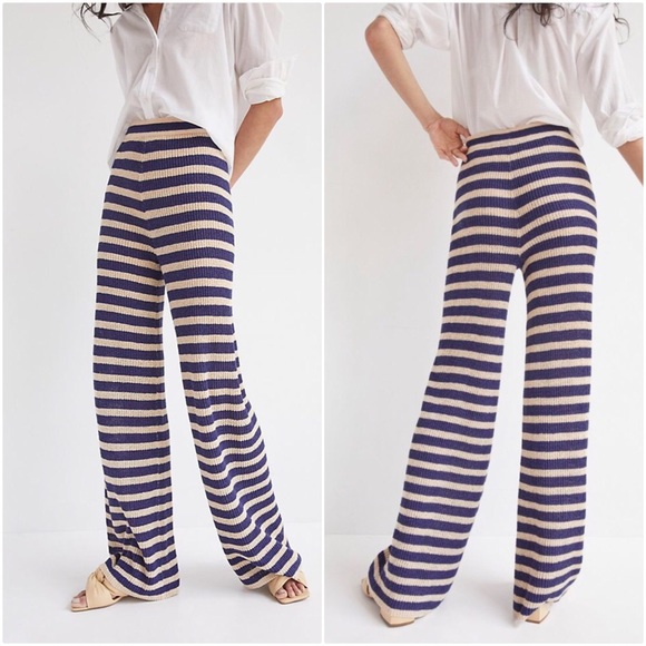 NWT ANTHROPOLOGIE FLAT WHITE STRIPED KNIT PANTS IN NAVY - Picture 8 of 10